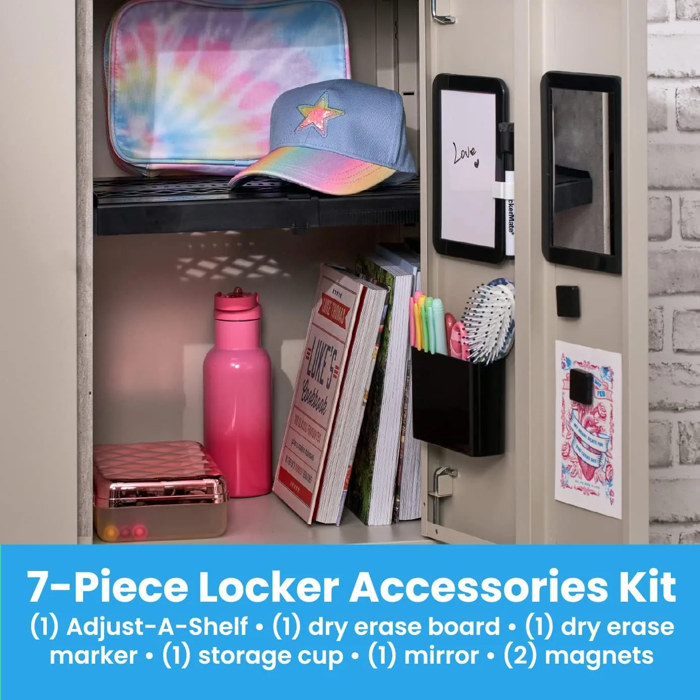 LockerMate Adjust-A-Shelf 6-Piece Locker Accessories Set, Extends to Fit Your Locker, Includes Storage Drawer, Mirror, Whiteboard, Storage Cup, Black (50924KIT-BLK)