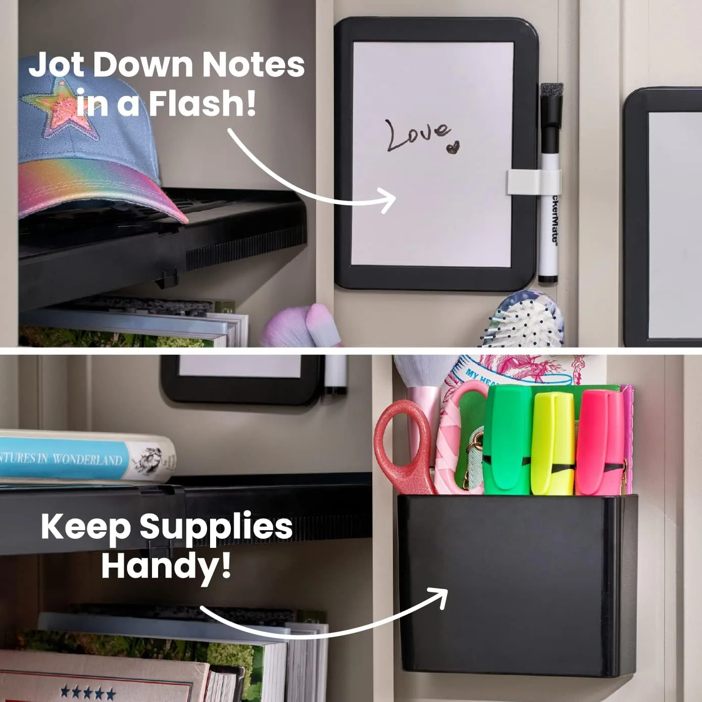 LockerMate Adjust-A-Shelf 6-Piece Locker Accessories Set, Extends to Fit Your Locker, Includes Storage Drawer, Mirror, Whiteboard, Storage Cup, Black (50924KIT-BLK)