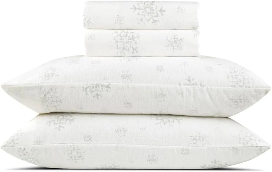 Lodge & Linen Flannel Sheets Queen Size Rich Cotton -High GSM Flannel Bed Sheet Deep Pockets - Warm & Cozy Flannel Sheet Set for All Seasons (Faded Snowflake)
