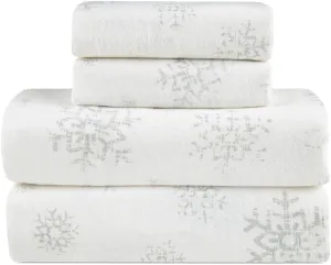 Lodge & Linen Flannel Sheets Queen Size Rich Cotton -High GSM Flannel Bed Sheet Deep Pockets - Warm & Cozy Flannel Sheet Set for All Seasons (Faded Snowflake)