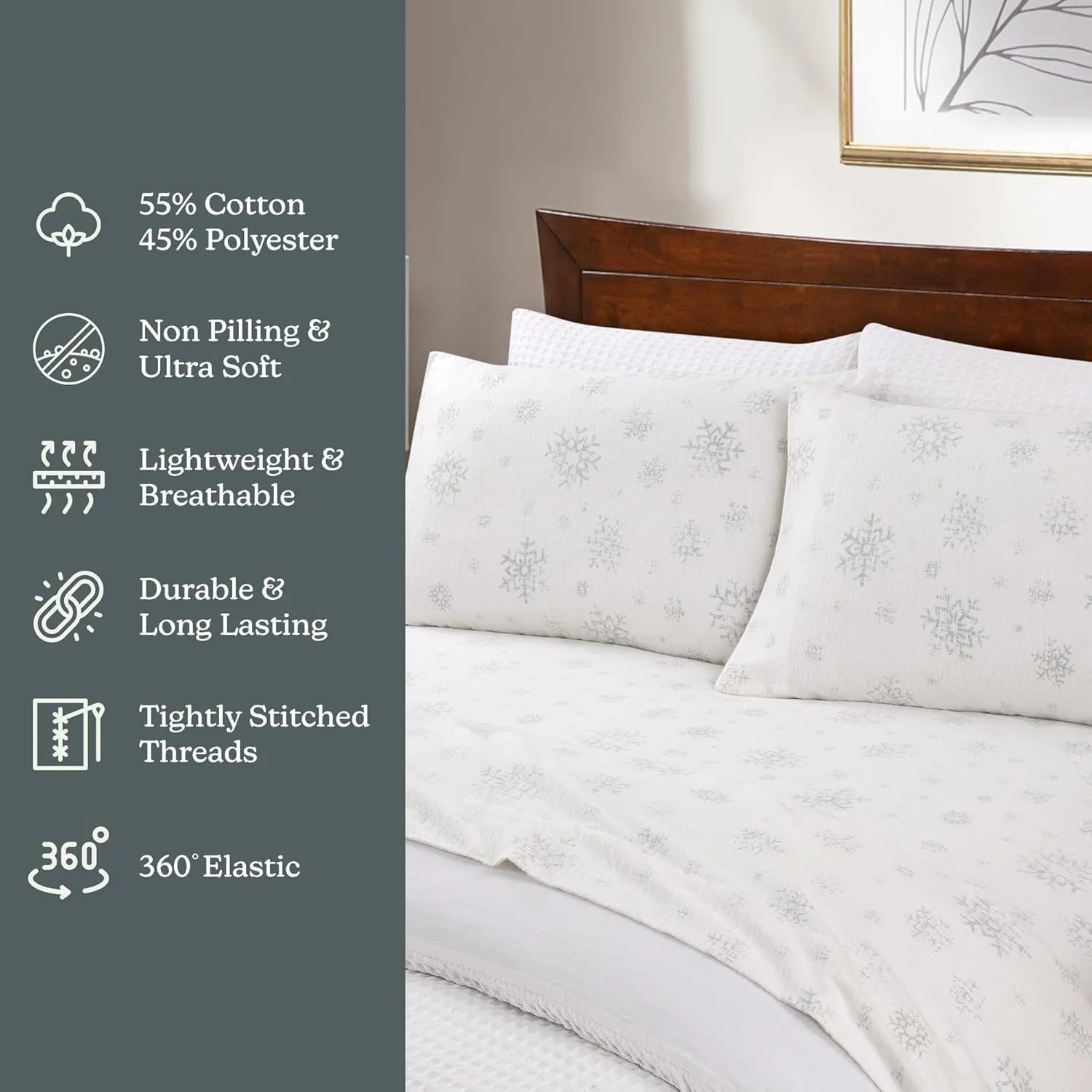 Lodge & Linen Flannel Sheets Queen Size Rich Cotton -High GSM Flannel Bed Sheet Deep Pockets - Warm & Cozy Flannel Sheet Set for All Seasons (Faded Snowflake)