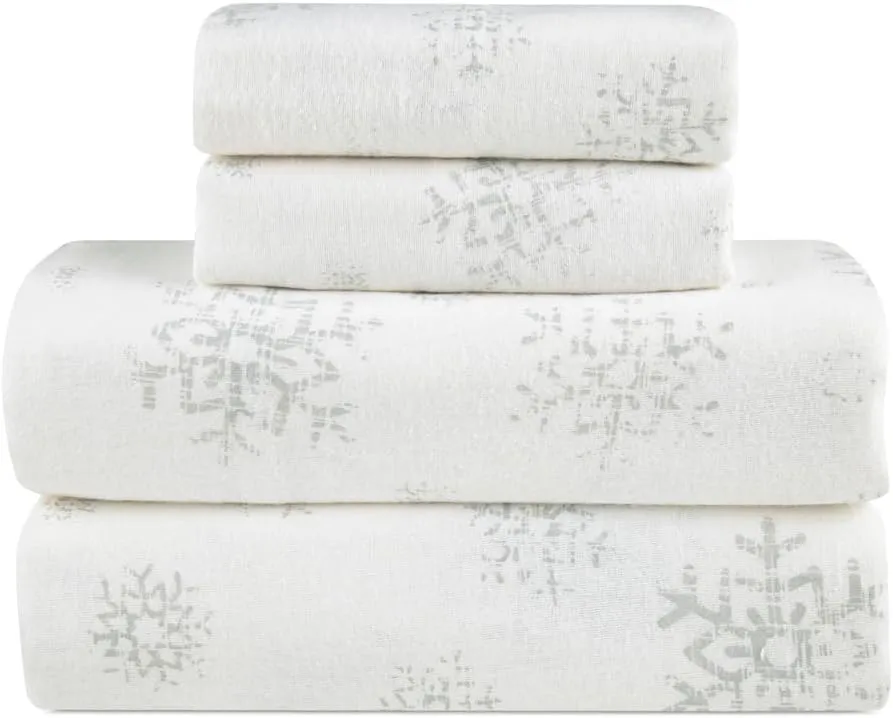 Lodge & Linen Flannel Sheets Queen Size Rich Cotton -High GSM Flannel Bed Sheet Deep Pockets - Warm & Cozy Flannel Sheet Set for All Seasons (Faded Snowflake)