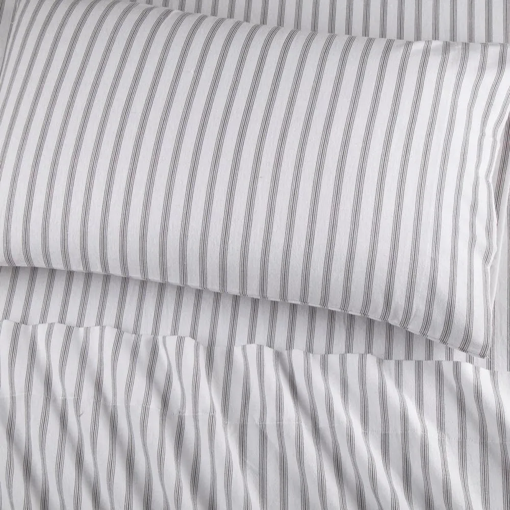 Lodge & Linen Flannel Sheets Queen Size Rich Cotton -High GSM Flannel Bed Sheet Deep Pockets - Warm & Cozy Flannel Sheet Set for All Seasons (Grey Stripes)