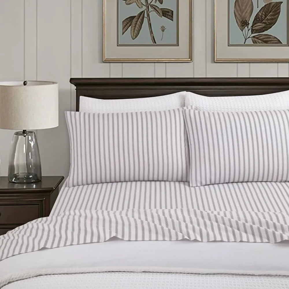 Lodge & Linen Flannel Sheets Queen Size Rich Cotton -High GSM Flannel Bed Sheet Deep Pockets - Warm & Cozy Flannel Sheet Set for All Seasons (Grey Stripes)