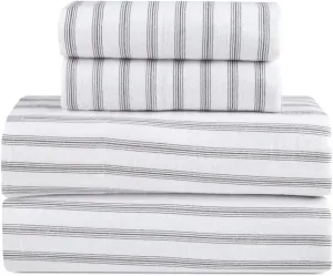 Lodge & Linen Flannel Sheets Queen Size Rich Cotton -High GSM Flannel Bed Sheet Deep Pockets - Warm & Cozy Flannel Sheet Set for All Seasons (Grey Stripes)