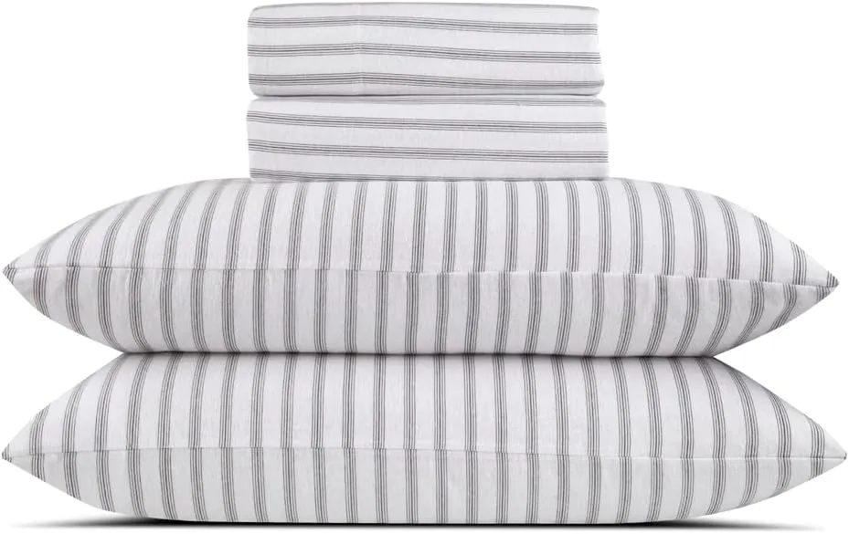Lodge & Linen Flannel Sheets Queen Size Rich Cotton -High GSM Flannel Bed Sheet Deep Pockets - Warm & Cozy Flannel Sheet Set for All Seasons (Grey Stripes)