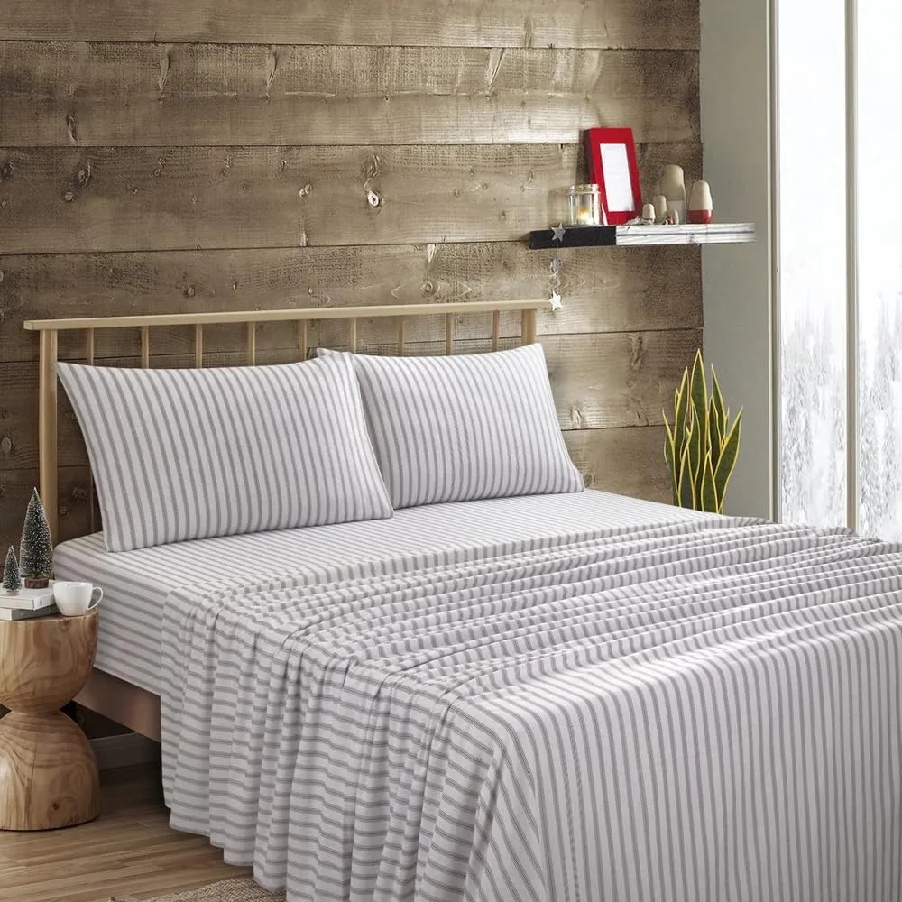 Lodge & Linen Flannel Sheets Queen Size Rich Cotton -High GSM Flannel Bed Sheet Deep Pockets - Warm & Cozy Flannel Sheet Set for All Seasons (Grey Stripes)