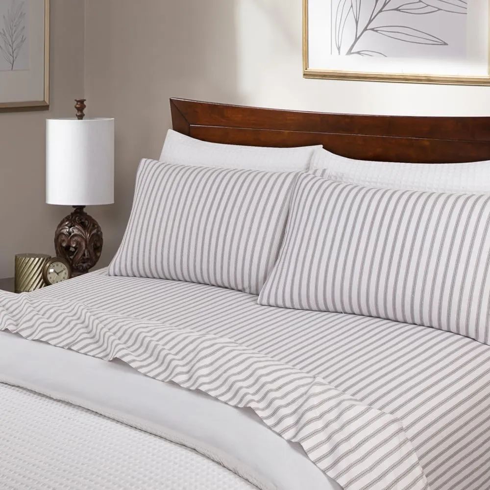 Lodge & Linen Flannel Sheets Queen Size Rich Cotton -High GSM Flannel Bed Sheet Deep Pockets - Warm & Cozy Flannel Sheet Set for All Seasons (Grey Stripes)