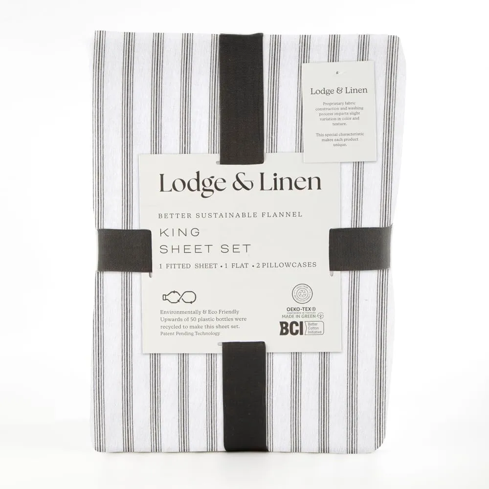 Lodge & Linen Flannel Sheets Queen Size Rich Cotton -High GSM Flannel Bed Sheet Deep Pockets - Warm & Cozy Flannel Sheet Set for All Seasons (Grey Stripes)