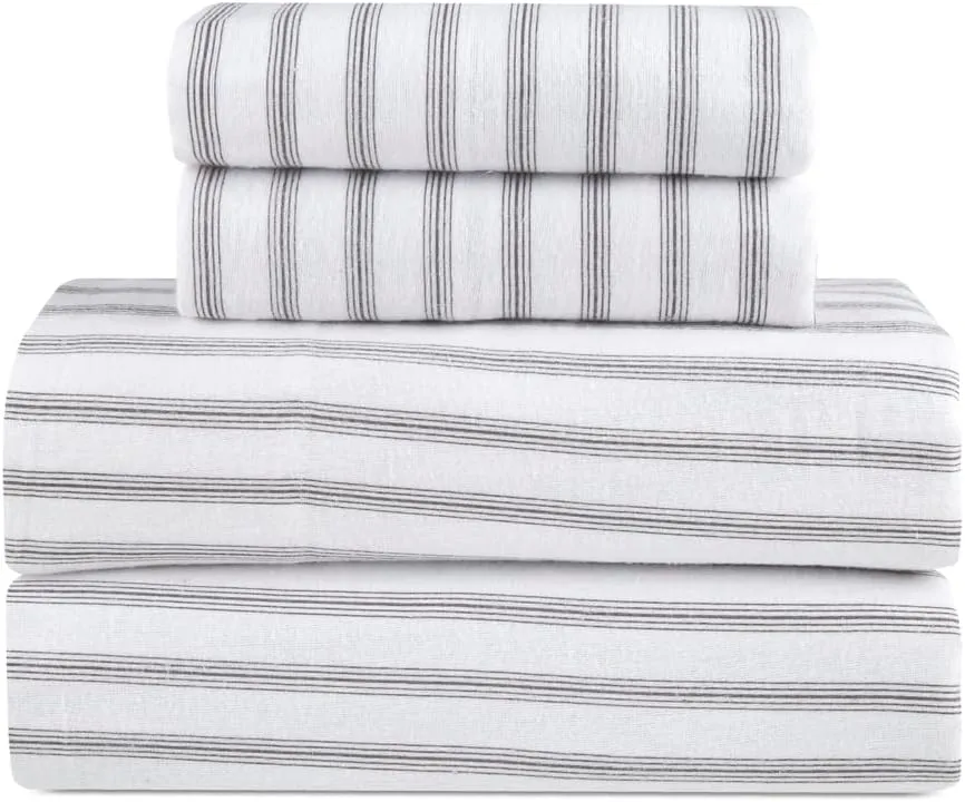 Lodge & Linen Flannel Sheets Queen Size Rich Cotton -High GSM Flannel Bed Sheet Deep Pockets - Warm & Cozy Flannel Sheet Set for All Seasons (Grey Stripes)