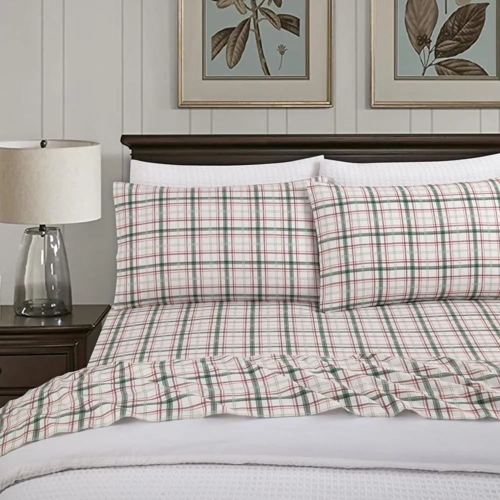 Lodge & Linen Flannel Sheets Queen Size Rich Cotton -High GSM Flannel Bed Sheet Deep Pockets - Warm & Cozy Flannel Sheet Set for All Seasons (Plaid Green/Red)