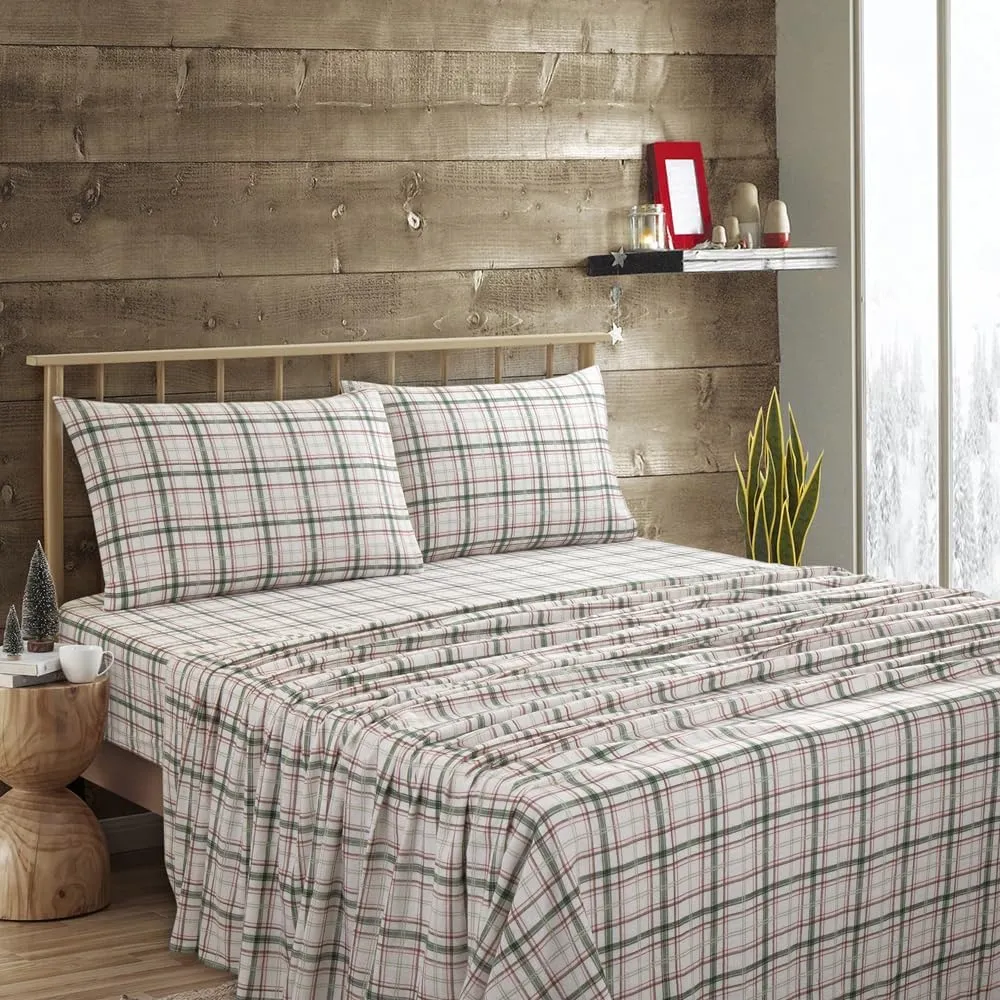 Lodge & Linen Flannel Sheets Queen Size Rich Cotton -High GSM Flannel Bed Sheet Deep Pockets - Warm & Cozy Flannel Sheet Set for All Seasons (Plaid Green/Red)