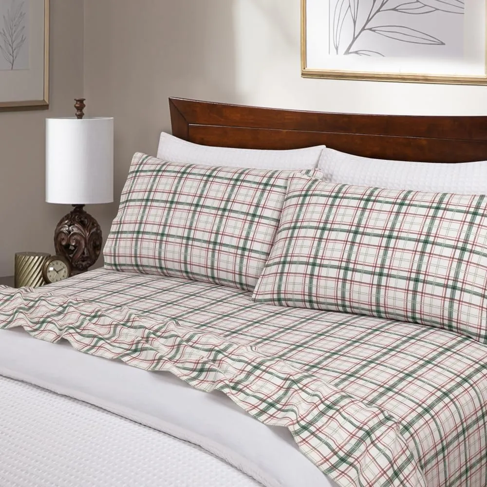 Lodge & Linen Flannel Sheets Queen Size Rich Cotton -High GSM Flannel Bed Sheet Deep Pockets - Warm & Cozy Flannel Sheet Set for All Seasons (Plaid Green/Red)