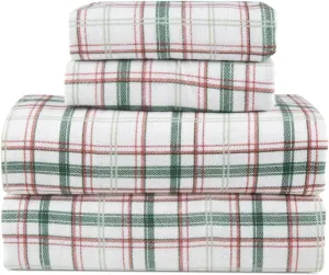 Lodge & Linen Flannel Sheets Queen Size Rich Cotton -High GSM Flannel Bed Sheet Deep Pockets - Warm & Cozy Flannel Sheet Set for All Seasons (Plaid Green/Red)