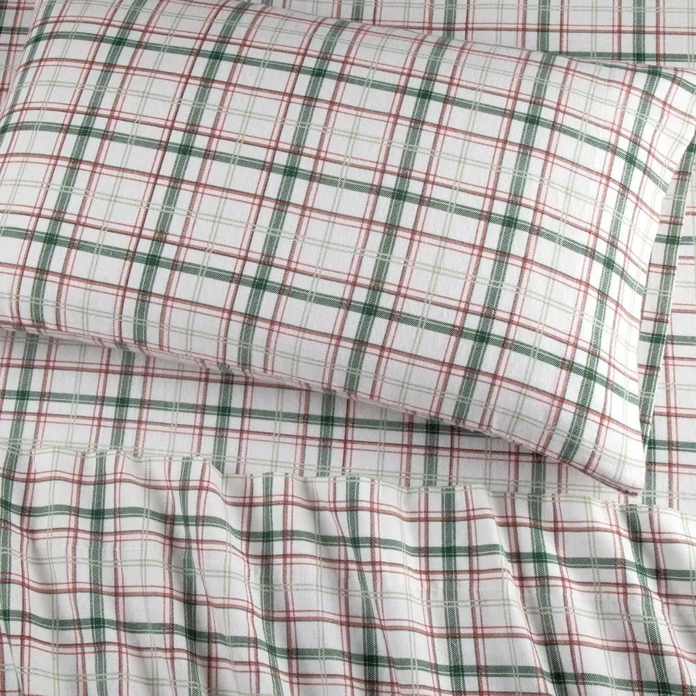 Lodge & Linen Flannel Sheets Queen Size Rich Cotton -High GSM Flannel Bed Sheet Deep Pockets - Warm & Cozy Flannel Sheet Set for All Seasons (Plaid Green/Red)
