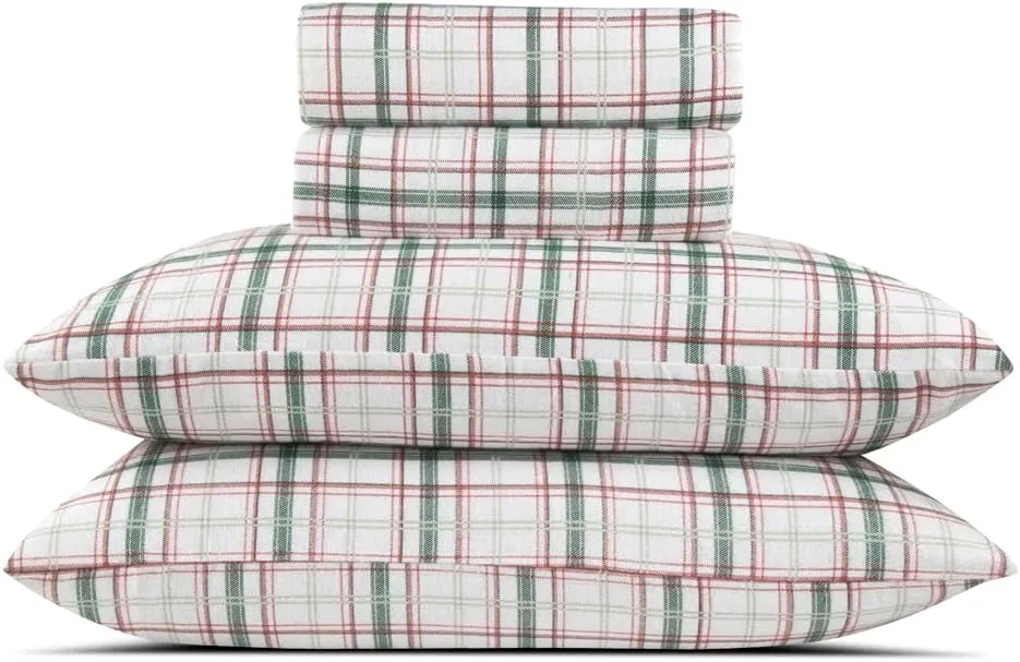 Lodge & Linen Flannel Sheets Queen Size Rich Cotton -High GSM Flannel Bed Sheet Deep Pockets - Warm & Cozy Flannel Sheet Set for All Seasons (Plaid Green/Red)