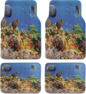 Lunarable Ocean Car Mat Set of 4, Submerged Colorful Coral Colony on Reef Exotic Fishes Tranquil Shallow Sea Picture, Front & Back Seat Floor Mat Durable PVC Backing Car Accesory, Multicolor