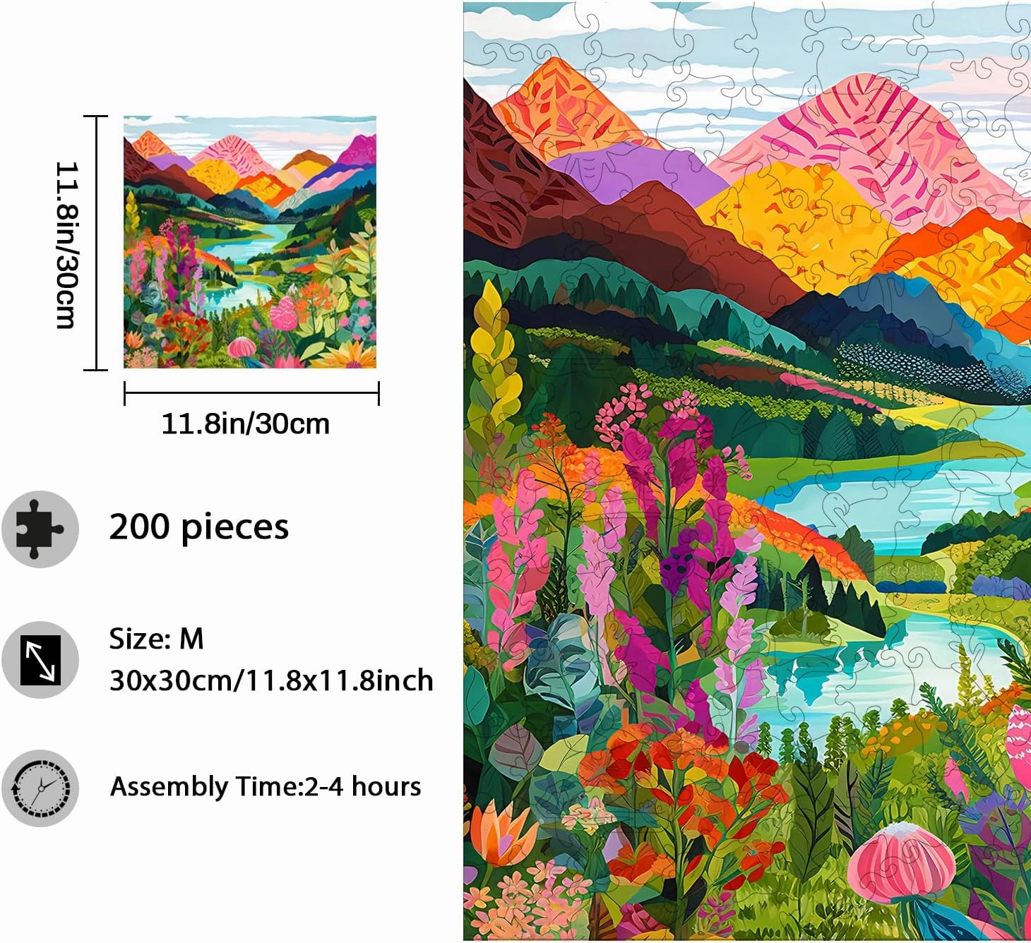 Lycheepuzzles Wooden Puzzles for Adults, Vivid Mountain Landscape Wooden Jigsaw Puzzles for Adults, 200 Pieces Unique Shape Cut Wood Puzzles for Puzzle Lovers Creative Gifts for Family Friends