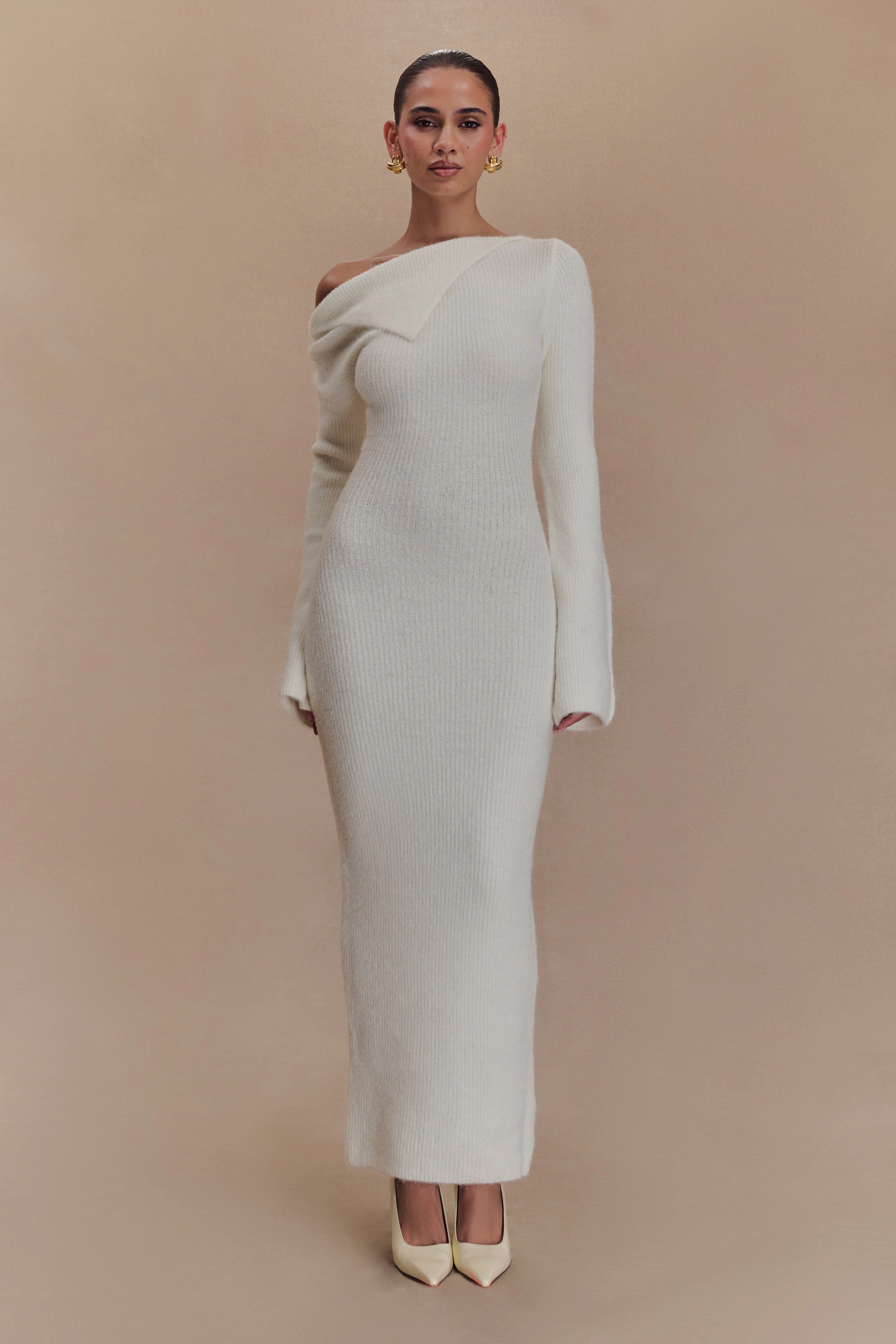 Magenta One Shoulder Fluffy Knit Midi Dress - Ivory