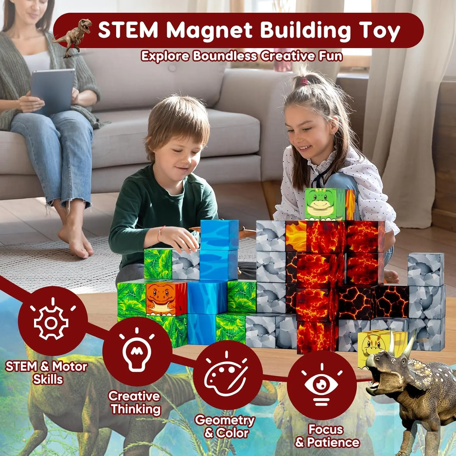 Magnetic Blocks, Build Mine Magnet Dinosaur World Set, STEM Sensory Building Toys for Kids Boys & Girls Ages 3 4 5 6 7 8 9 10, Christmas Birthday Gifts