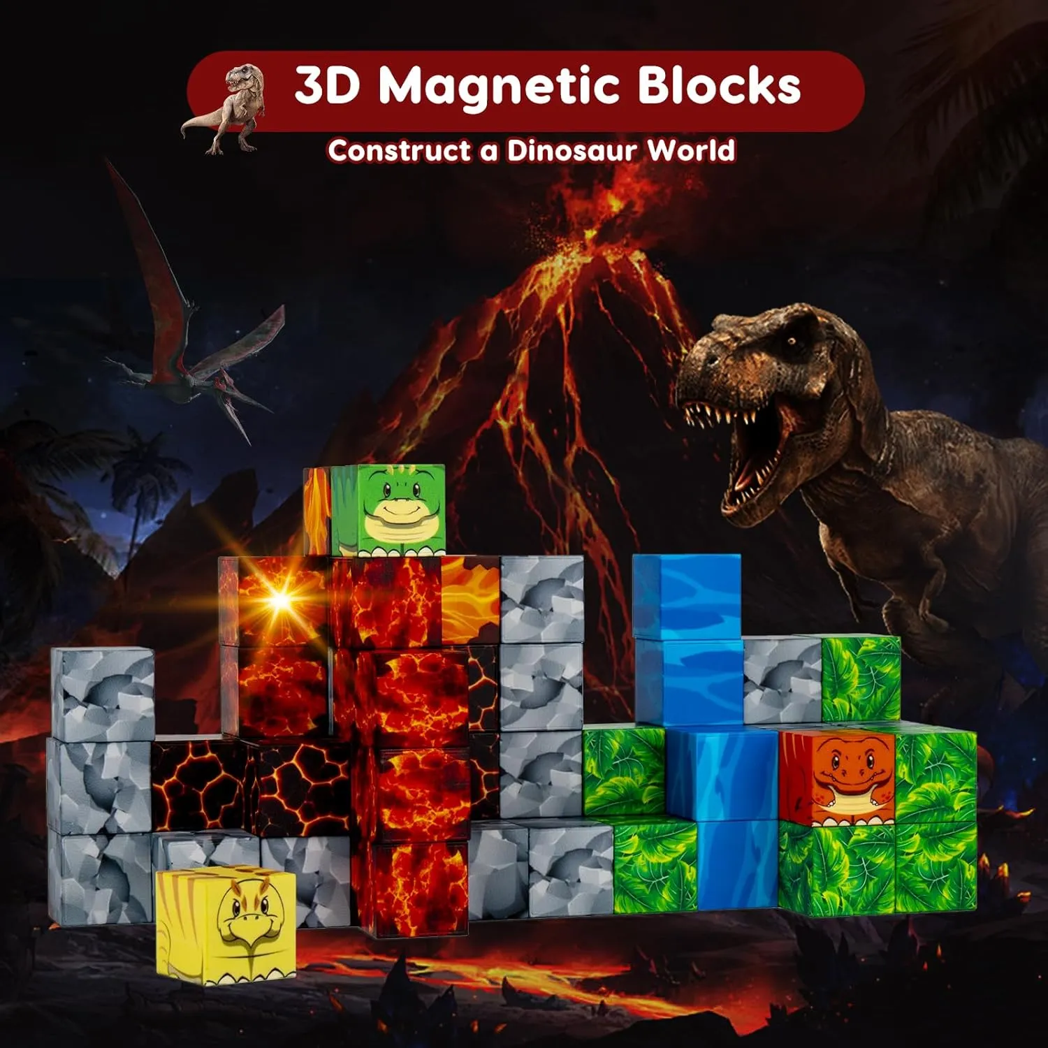 Magnetic Blocks, Build Mine Magnet Dinosaur World Set, STEM Sensory Building Toys for Kids Boys & Girls Ages 3 4 5 6 7 8 9 10, Christmas Birthday Gifts