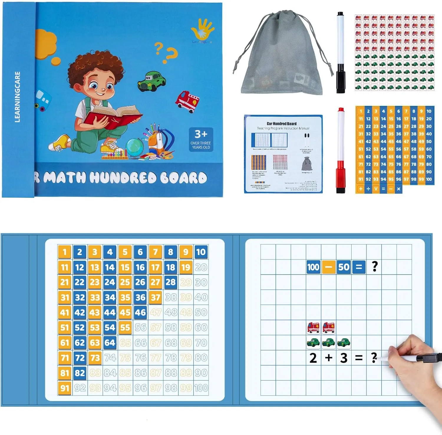 Magnetic Math Hundred Board 1-100 Numbers with 100 Cars Counters Educational Toys Montessori Math Counting Board Game for Preschool Boys Girls Age 3 