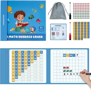 Magnetic Math Hundred Board 1-100 Numbers with 100 Cars Counters Educational Toys Montessori Math Counting Board Game for Preschool Boys Girls Age 3 