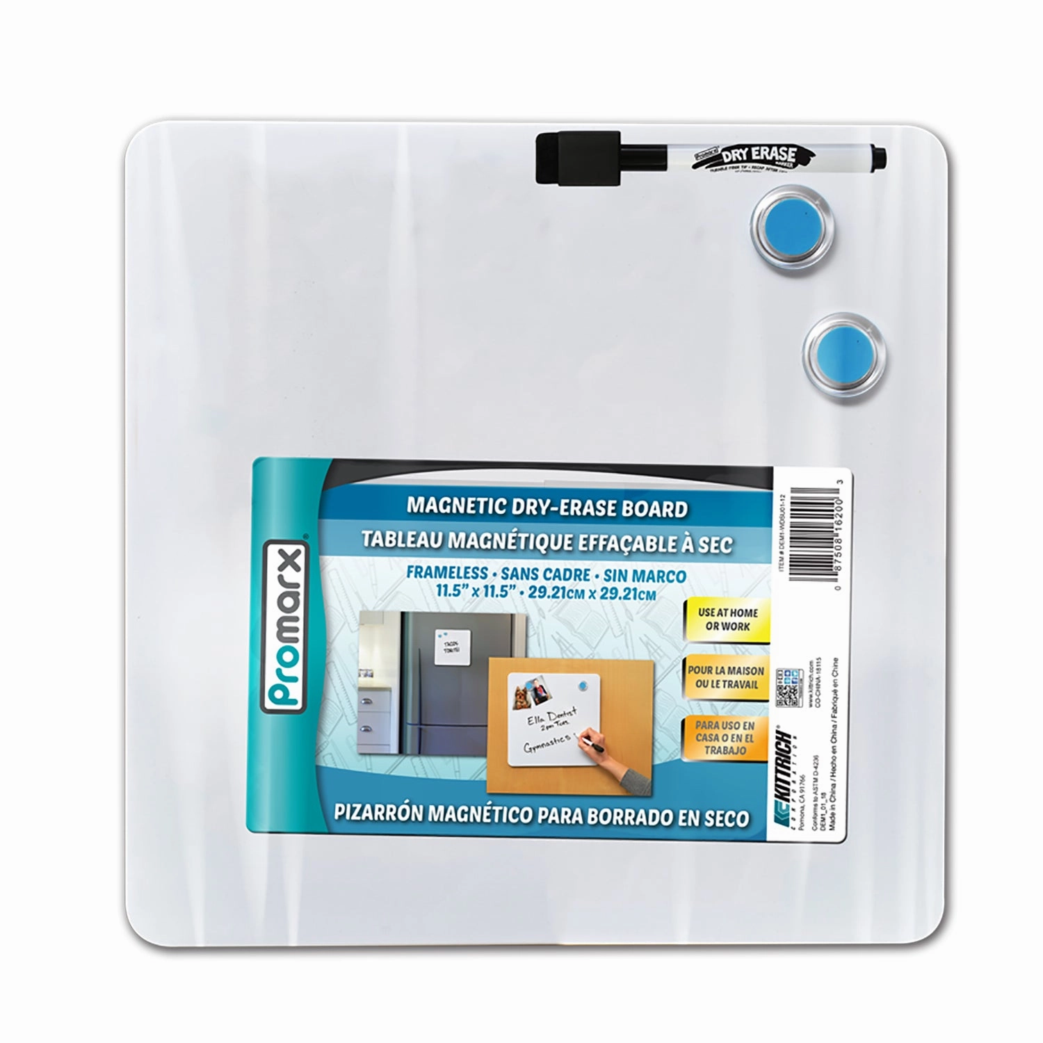 Magnetic Dry-Erase Board with Dry-Erase Marker & Two Magnets, 11.5" x 11.5", 3 Sets