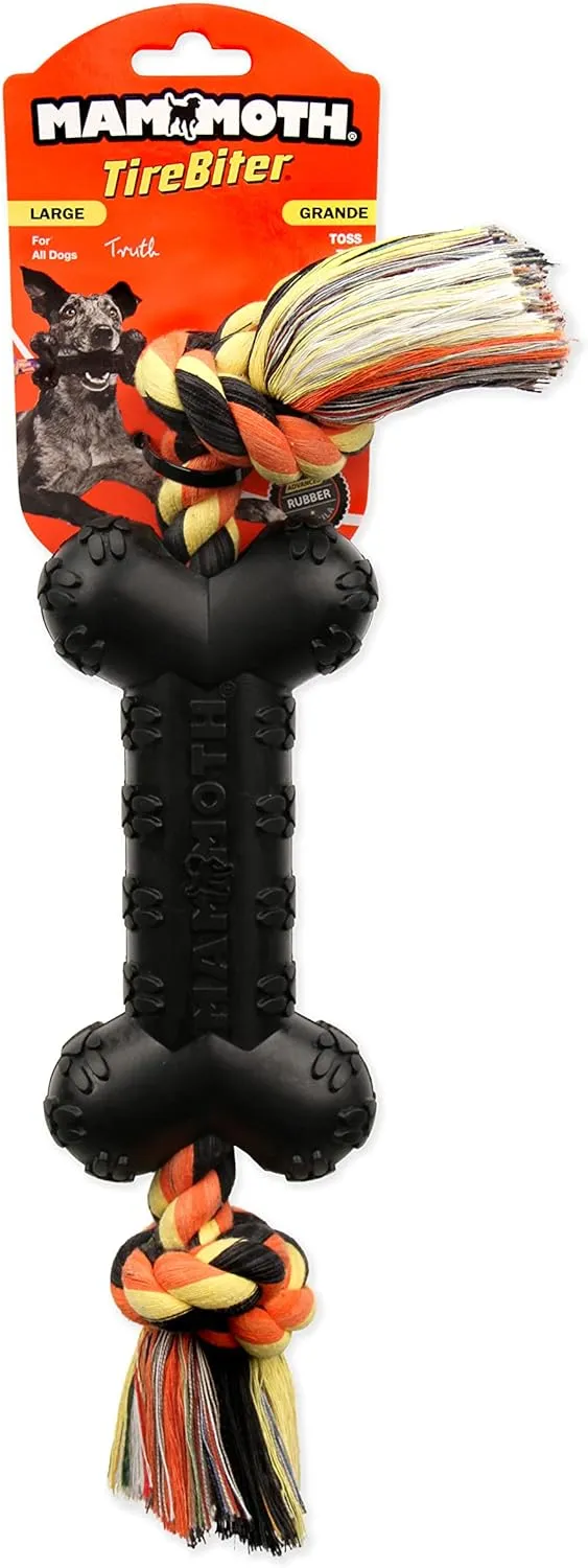 Mammoth Pet Products TireBiterII e with Cotton-Poly Rope – Natural Rubber Dog Toys for Extreme Chewers – Dog Toys for Extra Long Interactive Play – Aggressive Chewer Toys for Dogs - Large 16”, Black (31023F)
