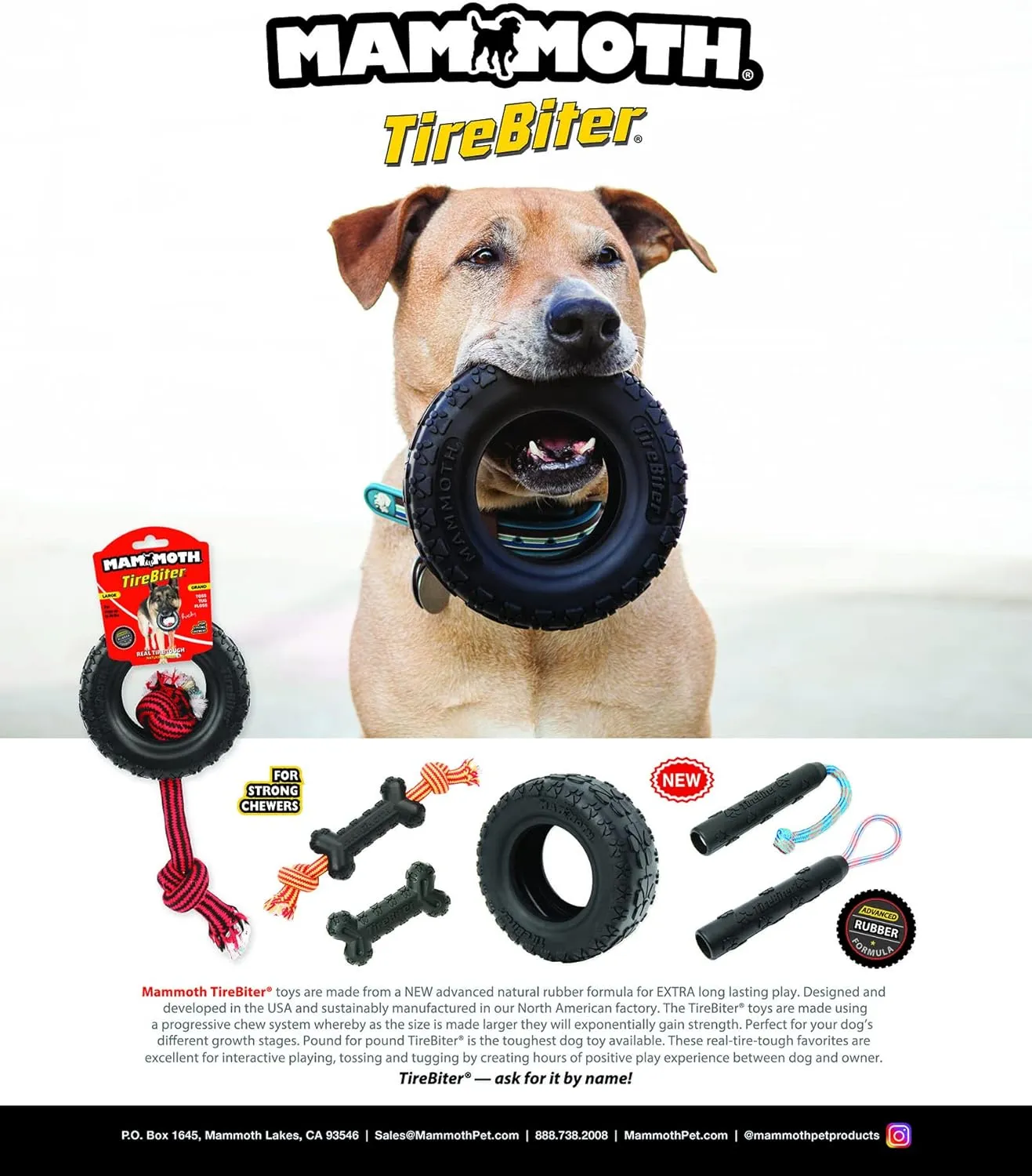 Mammoth Pet Products TireBiterII e with Cotton-Poly Rope – Natural Rubber Dog Toys for Extreme Chewers – Dog Toys for Extra Long Interactive Play – Aggressive Chewer Toys for Dogs - Large 16”, Black (31023F)