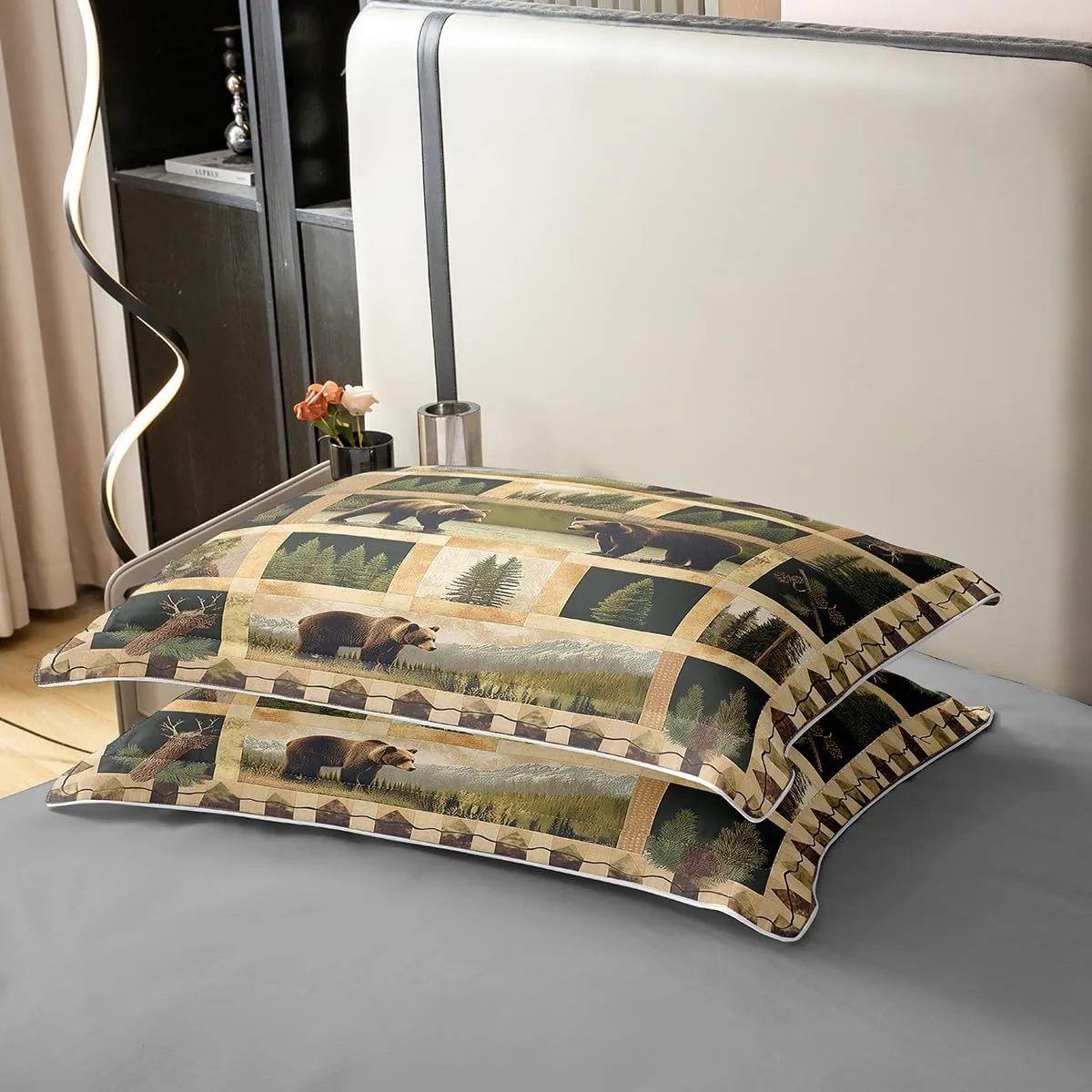Manfei Wild Bear 100% Cotton Duvet Cover Twin,Rustic Lodge Cabin Jungle Pine Trees Comforter Cover(No Filler) for Kids Adults,Wild Animal Retro Brown Plaids Patchwork Bedding Set 2 Pcs