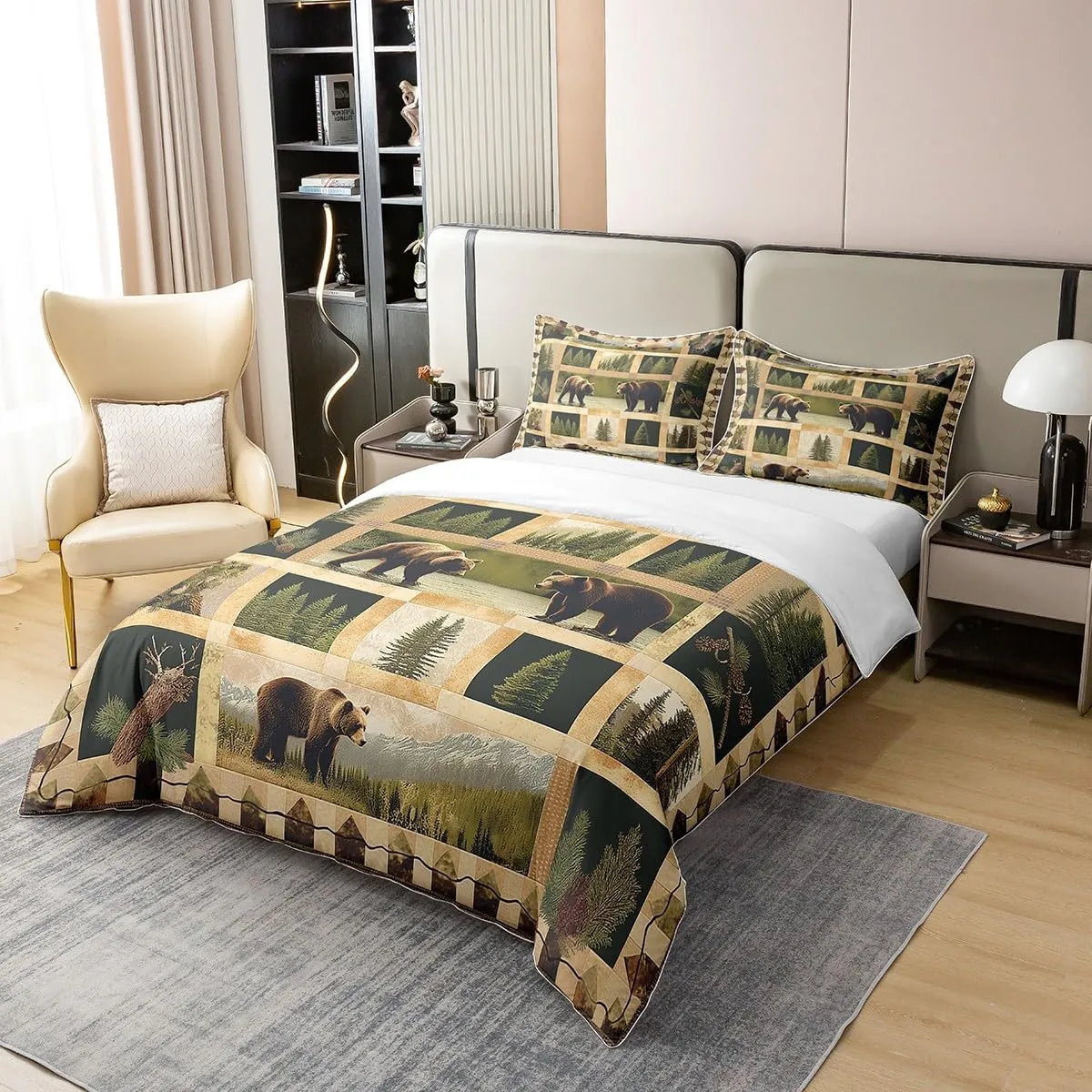 Manfei Wild Bear 100% Cotton Duvet Cover Twin,Rustic Lodge Cabin Jungle Pine Trees Comforter Cover(No Filler) for Kids Adults,Wild Animal Retro Brown Plaids Patchwork Bedding Set 2 Pcs