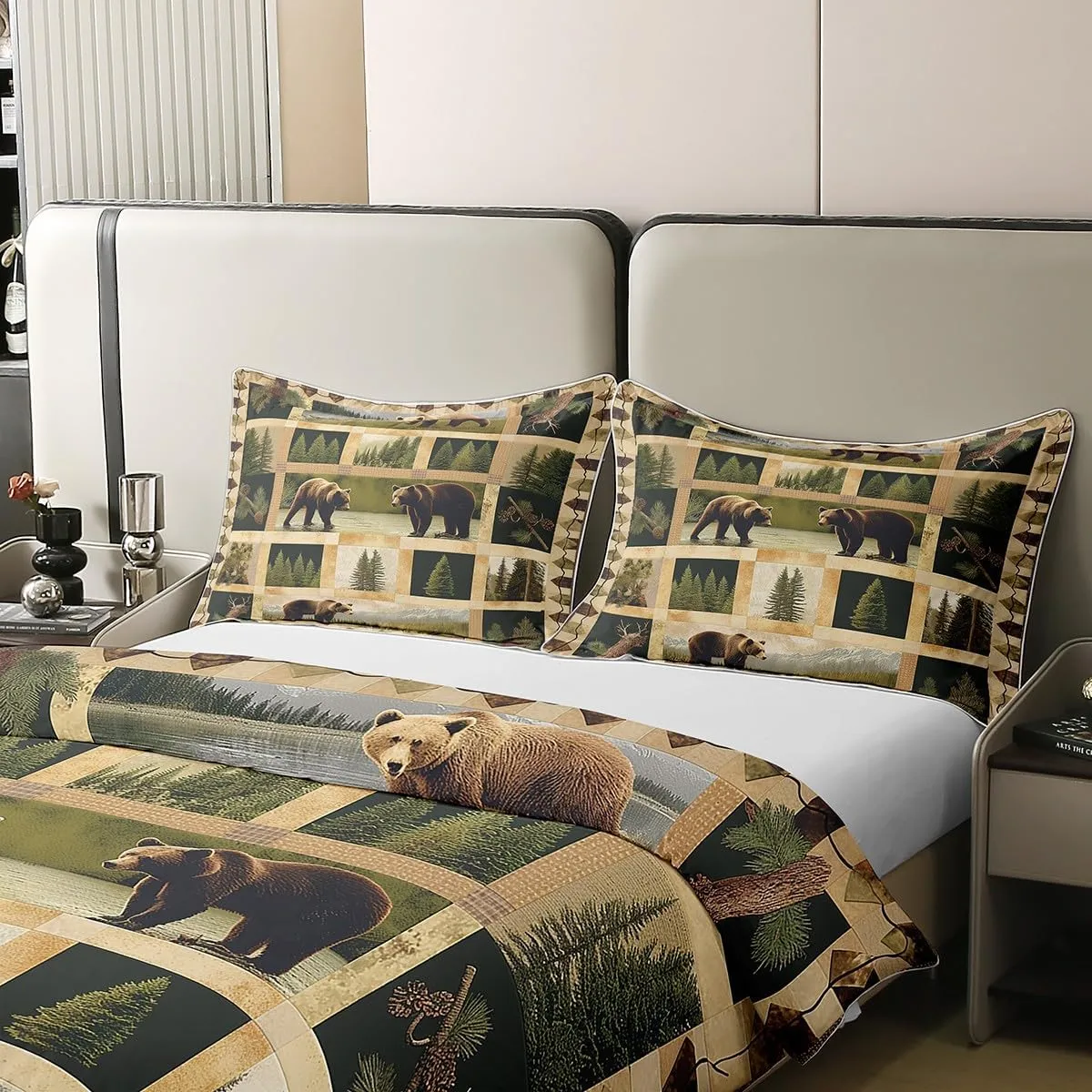 Manfei Wild Bear 100% Cotton Duvet Cover Twin,Rustic Lodge Cabin Jungle Pine Trees Comforter Cover(No Filler) for Kids Adults,Wild Animal Retro Brown Plaids Patchwork Bedding Set 2 Pcs