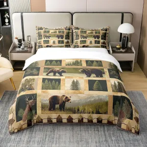 Manfei Wild Bear 100% Cotton Duvet Cover Twin,Rustic Lodge Cabin Jungle Pine Trees Comforter Cover(No Filler) for Kids Adults,Wild Animal Retro Brown Plaids Patchwork Bedding Set 2 Pcs