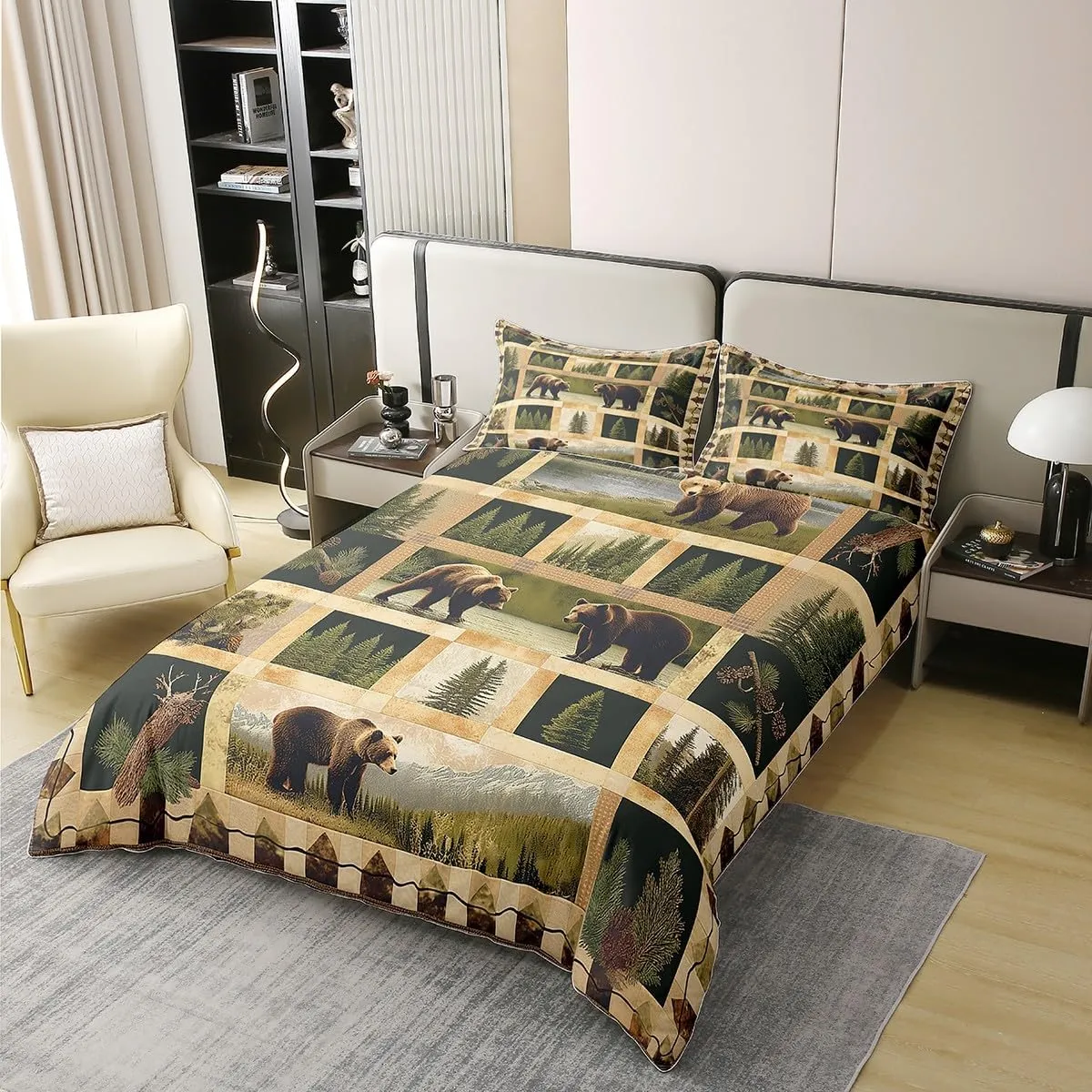 Manfei Wild Bear 100% Cotton Duvet Cover Twin,Rustic Lodge Cabin Jungle Pine Trees Comforter Cover(No Filler) for Kids Adults,Wild Animal Retro Brown Plaids Patchwork Bedding Set 2 Pcs