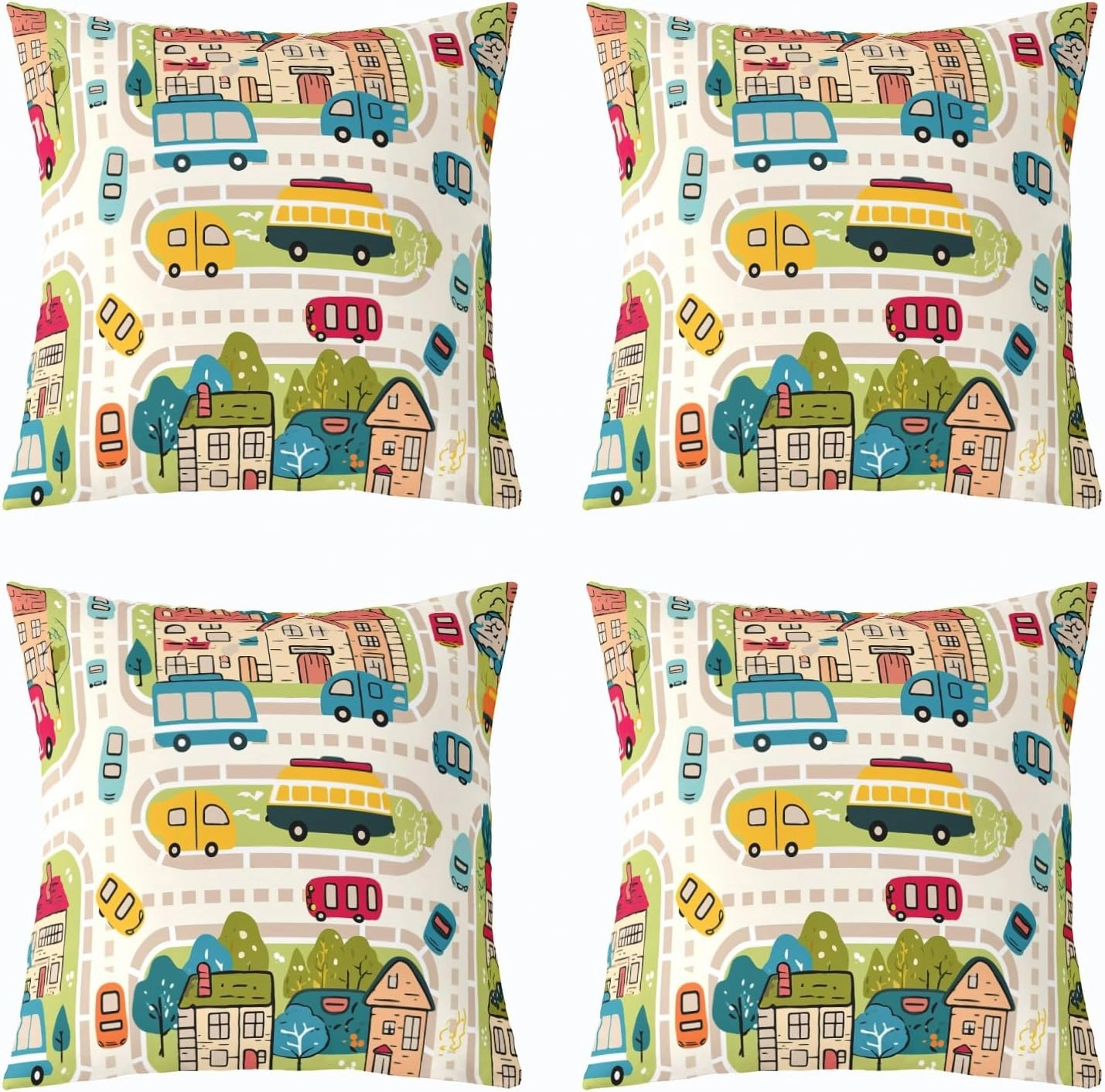 Manfei City Roadway Beige Pillow Case Covers 4 Pack,Rustic Suburb Colorful Car Bus 16"x16" Soft Cushion Covers Reversible Print,Countryside House Tree Hand Graffiti Throw Sofa Pillow Covers