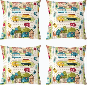 Manfei City Roadway Beige Pillow Case Covers 4 Pack,Rustic Suburb Colorful Car Bus 16"x16" Soft Cushion Covers Reversible Print,Countryside House Tree Hand Graffiti Throw Sofa Pillow Covers