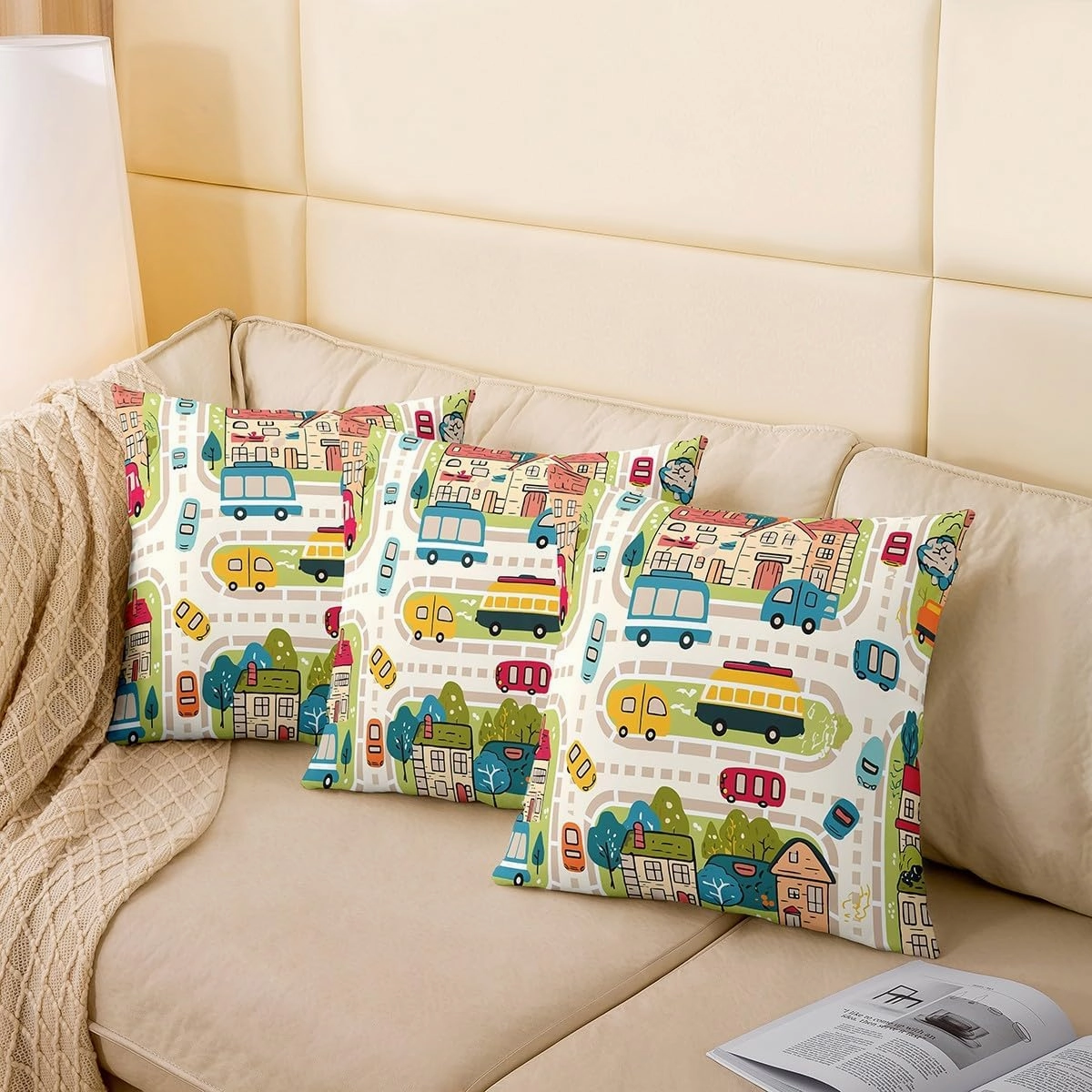 Manfei City Roadway Beige Pillow Case Covers 4 Pack,Rustic Suburb Colorful Car Bus 16"x16" Soft Cushion Covers Reversible Print,Countryside House Tree Hand Graffiti Throw Sofa Pillow Covers
