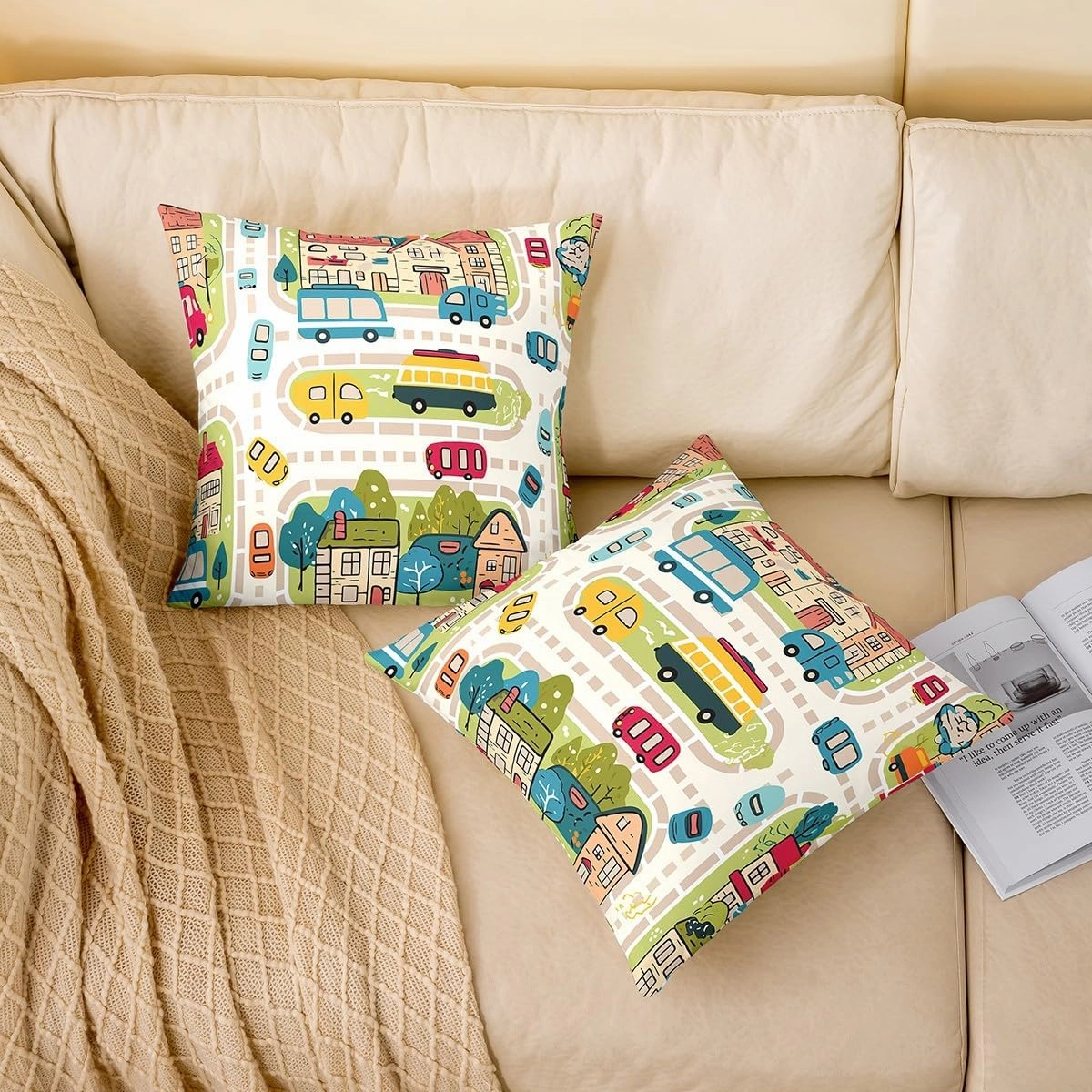 Manfei City Roadway Beige Pillow Case Covers 4 Pack,Rustic Suburb Colorful Car Bus 16"x16" Soft Cushion Covers Reversible Print,Countryside House Tree Hand Graffiti Throw Sofa Pillow Covers