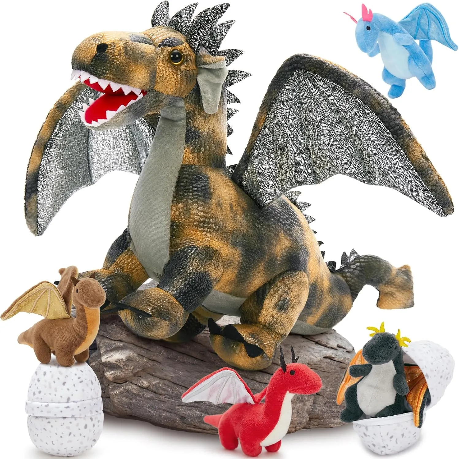 MaoGoLan 7 Pcs Dragon Plush Toy Set for Kid, 22 inch, Large Dragon Stuffed Animal with 4 Babies and 2 Eggs in Mom's Belly,Dinosaur Plush Gifts for Boy Girl Birthday Christmas Party Decor Brown