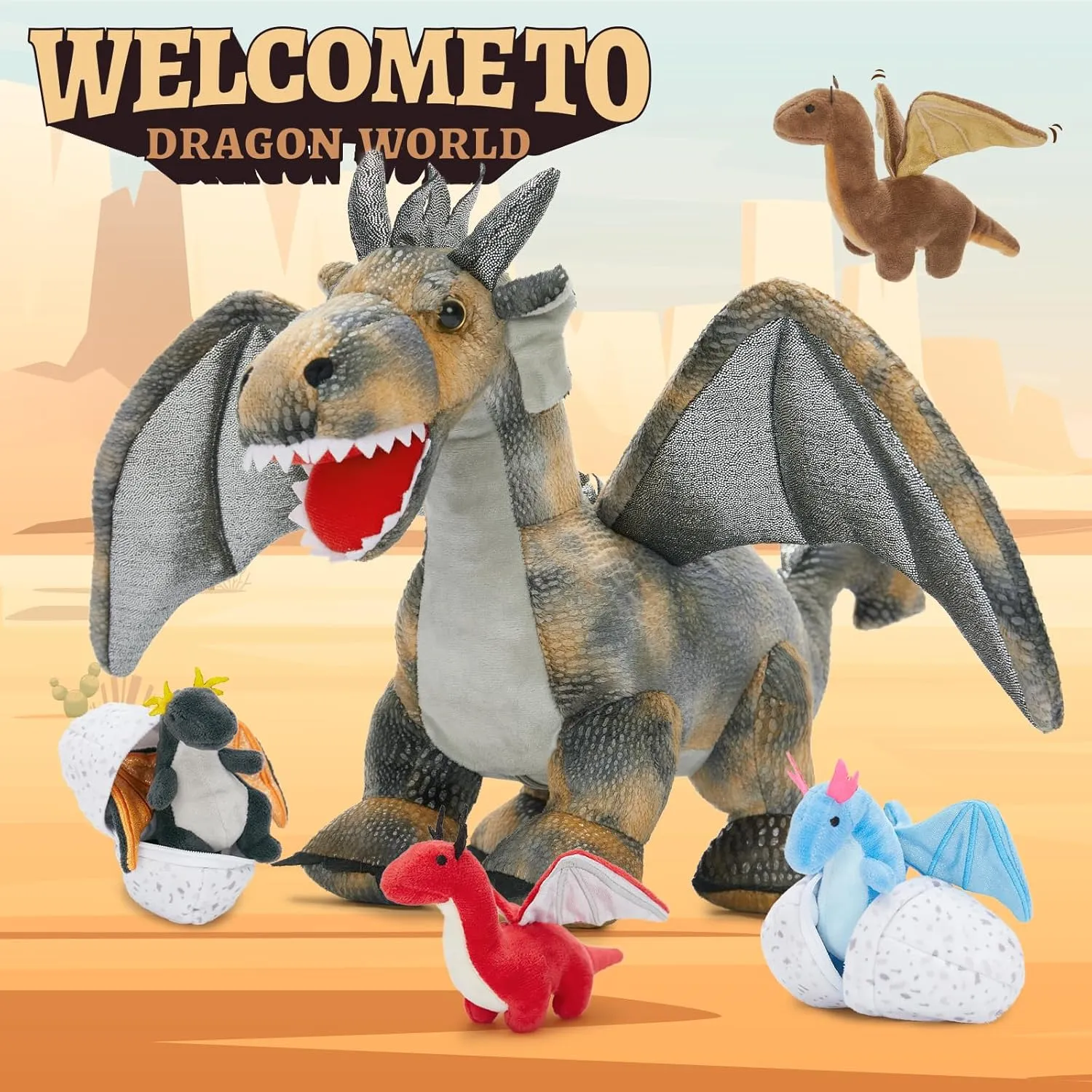 MaoGoLan 7 Pcs Dragon Plush Toy Set for Kid, 22 inch, Large Dragon Stuffed Animal with 4 Babies and 2 Eggs in Mom's Belly,Dinosaur Plush Gifts for Boy Girl Birthday Christmas Party Decor Brown