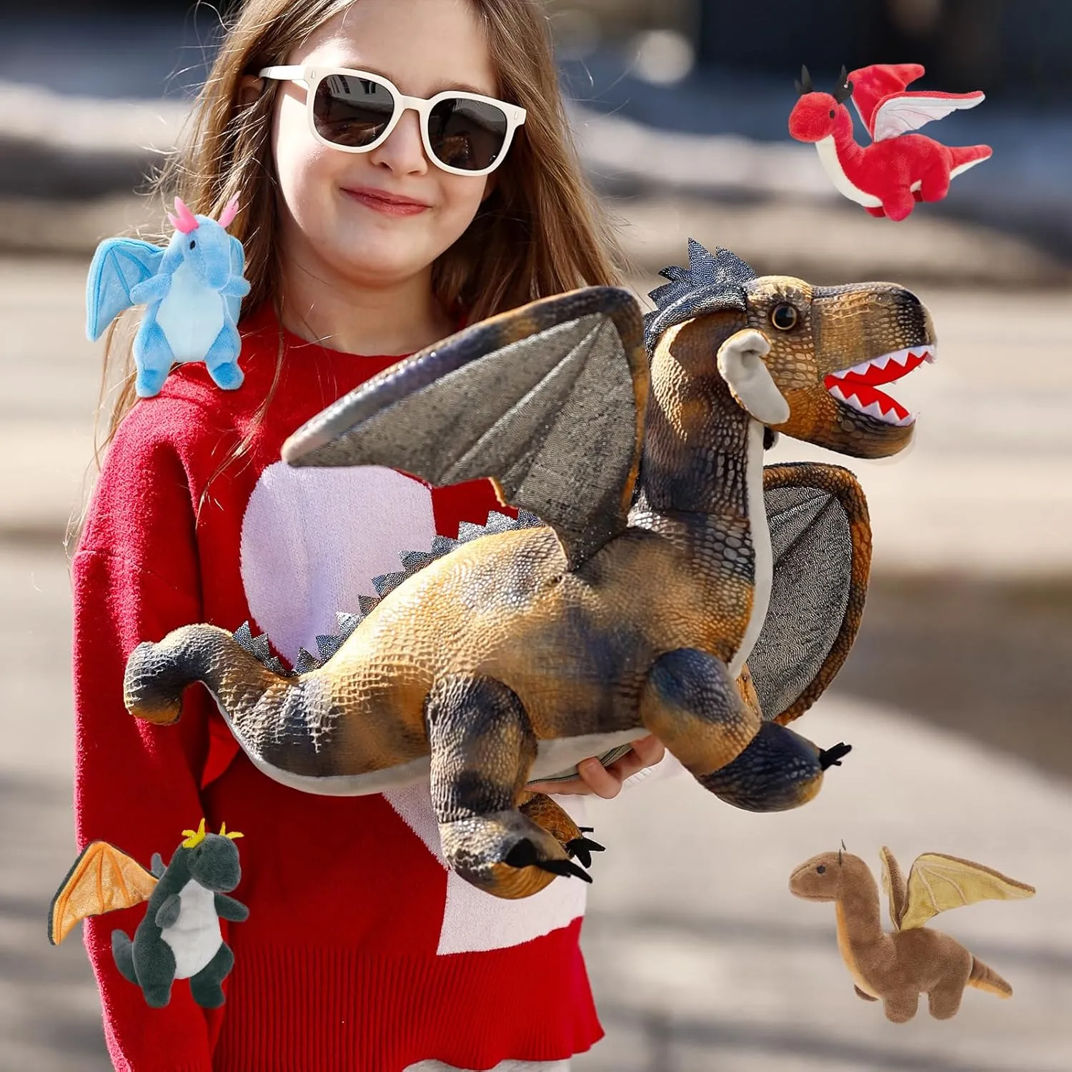 MaoGoLan 7 Pcs Dragon Plush Toy Set for Kid, 22 inch, Large Dragon Stuffed Animal with 4 Babies and 2 Eggs in Mom's Belly,Dinosaur Plush Gifts for Boy Girl Birthday Christmas Party Decor Brown