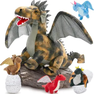 MaoGoLan 7 Pcs Dragon Plush Toy Set for Kid, 22 inch, Large Dragon Stuffed Animal with 4 Babies and 2 Eggs in Mom's Belly,Dinosaur Plush Gifts for Boy Girl Birthday Christmas Party Decor Brown