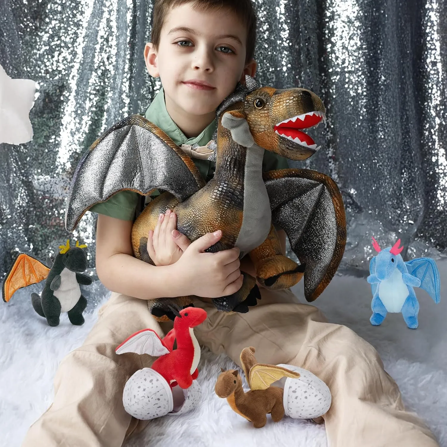 MaoGoLan 7 Pcs Dragon Plush Toy Set for Kid, 22 inch, Large Dragon Stuffed Animal with 4 Babies and 2 Eggs in Mom's Belly,Dinosaur Plush Gifts for Boy Girl Birthday Christmas Party Decor Brown