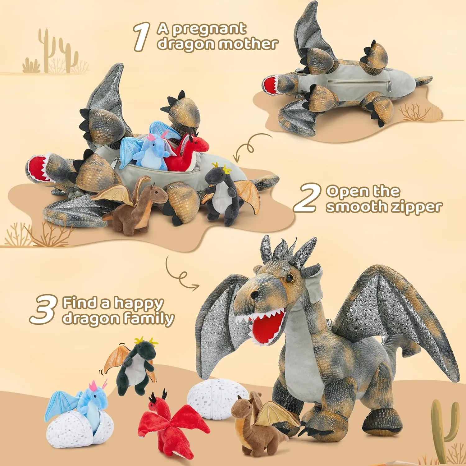 MaoGoLan 7 Pcs Dragon Plush Toy Set for Kid, 22 inch, Large Dragon Stuffed Animal with 4 Babies and 2 Eggs in Mom's Belly,Dinosaur Plush Gifts for Boy Girl Birthday Christmas Party Decor Brown