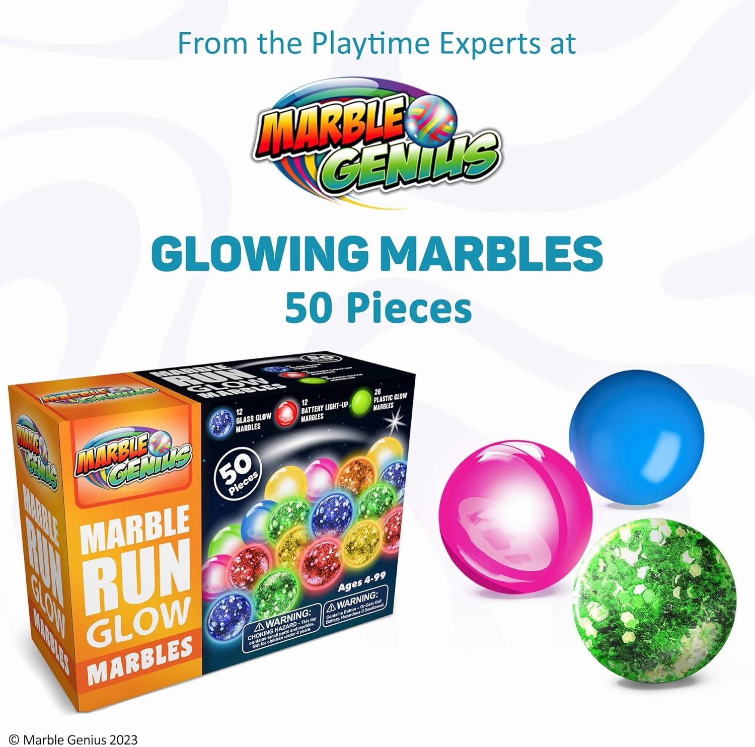 Marble Genius 50 pcs Glow in The Dark Marbles for Kids 4 , Full Color Instruction Manual, for Kids