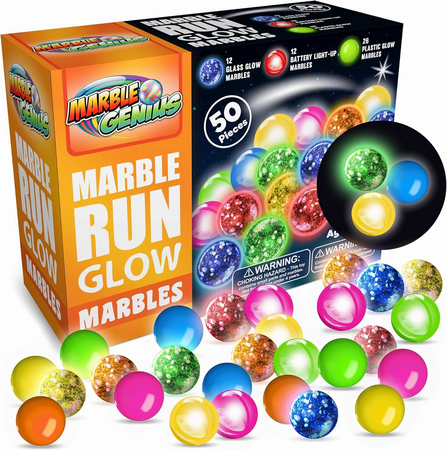 Marble Genius 50 pcs Glow in The Dark Marbles for Kids 4 , Full Color Instruction Manual, for Kids