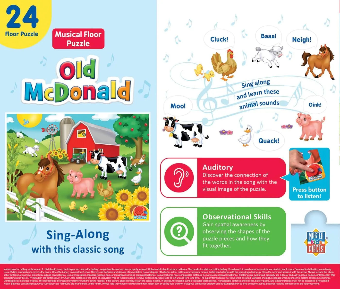 Masterpieces 24 Piece Old McDonald Sing-A-Long Sound Floor Puzzle for Kids - 18"x24"