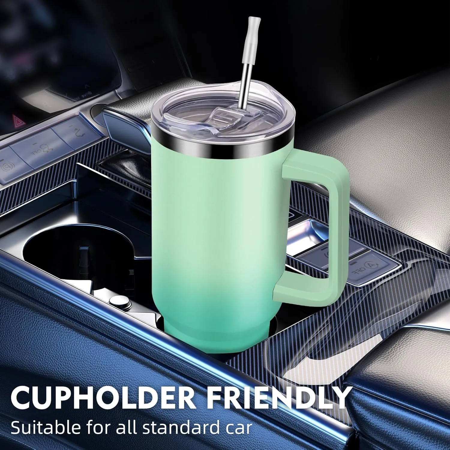 MaxBase 40 Oz Tumbler with Handle and Straw Lid, Insulated Reusable Stainless Steel Travel Mug Keeps Drinks Cold up to 34 Hours, 100% Leakproof Bottle (Jade)