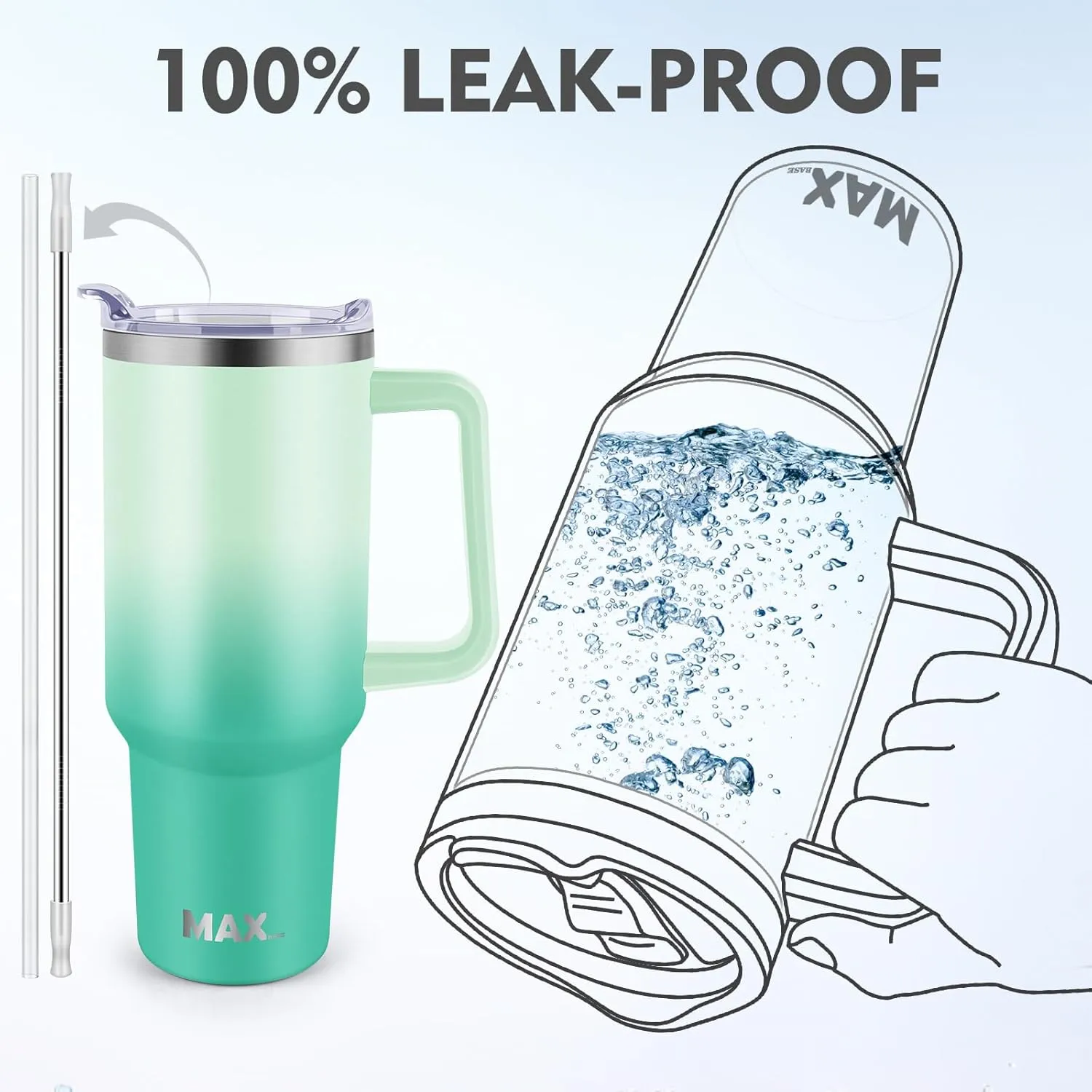 MaxBase 40 Oz Tumbler with Handle and Straw Lid, Insulated Reusable Stainless Steel Travel Mug Keeps Drinks Cold up to 34 Hours, 100% Leakproof Bottle (Jade)
